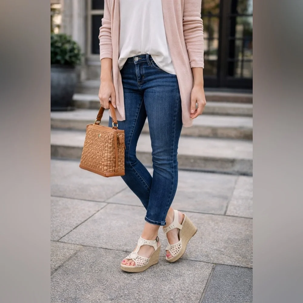 Lucky Brand Cream Crochet Espadrille Wedge Sandals Size 8 Boho Platform Open Toe